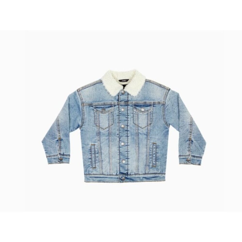 Boys Size XL Silver Jean Co. Blue Denim Jacket With Sherpa Collar & Button Closu